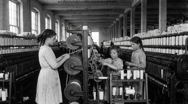 Children Working in a Textile Mill, 1900s - Historical Photo of Child Labor in a Cotton Factory