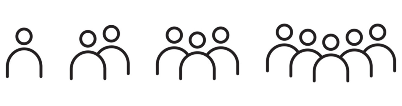 Minimalist people icon set showing user group growth, black outline user profile symbols, community and audience vector icons for web UI design