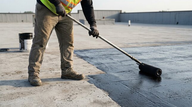 Construction worker applying black liquid bitumen primer sealant on a flat roof with a roller