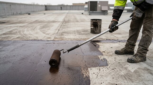 Roofer applying liquid waterproofing asphalt primer on concrete roof surface with a long handle roller