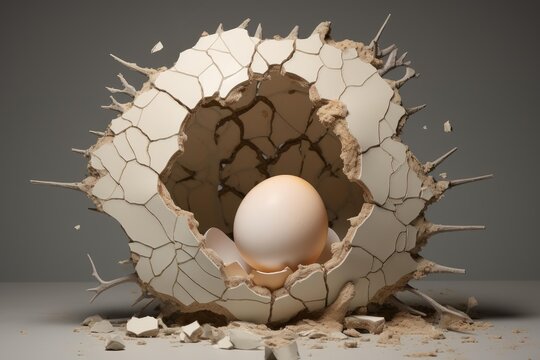 Smooth egg resting inside a violently shattered concrete shell