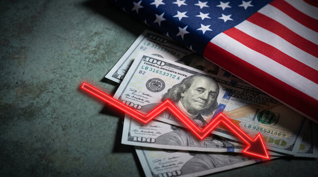 Inflation red arrow economy dollar flag decline. Financial crisis recession. stock price increase falling, bankruptcy risk loss, chart graph statistic