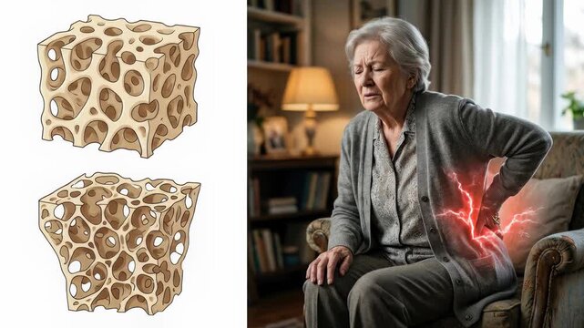 Skeletal fragility condition: osteoporosis symptom, elderly discomfort, bone density, porous structure, calcium deficiency, spinal ache, degenerative illness, geriatric pain, body ache.