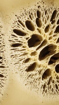 Skeletal tissue fragility: osteoporosis disease, bone health, porous structure, fragile cell, hollow cavity, tissue degeneration, mineral loss, weak skeletal, calcium deficiency, fracture risk.