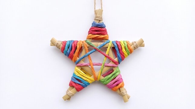 Handmade bamboo star ornament wrapped with colorful raffia on white background