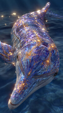 A magical purple dolphin with glowing gold patterns swims in dark blue water background.