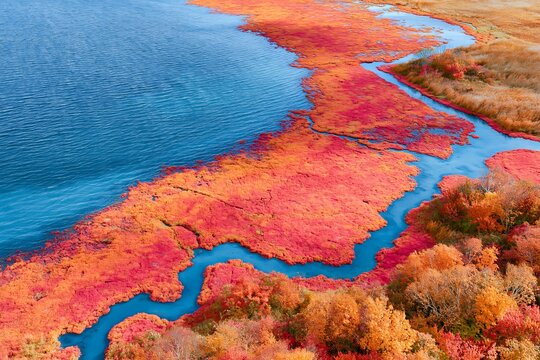 ドローン空撮風の美しい青い湖と鮮やかに赤く染まった湿原や紅葉の壮大な秋の風景
