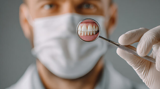 A dentist wearing a protective mask holds a mouth mirror reflecting a clear view of clean human teeth.   