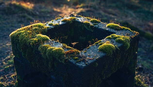 Closeup of a square stone block covered in vibrant green moss in a forest setting