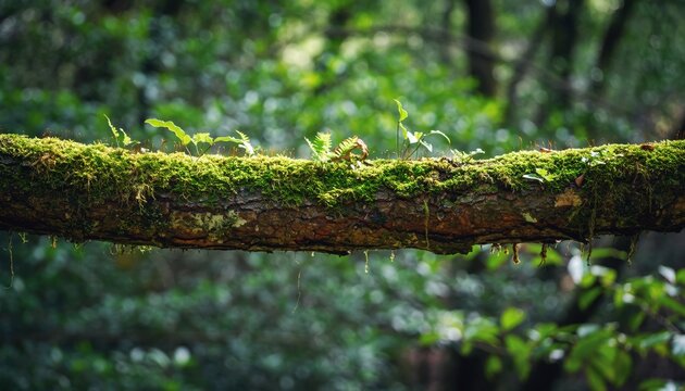 Mosscovered fallen tree trunk in a lush, green forest with small ferns growing on top