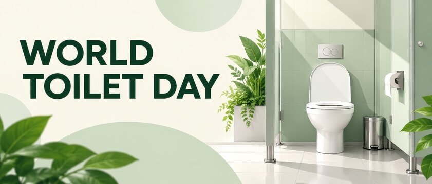 World Toilet Day Banner with Clean White Toilet in Sage Green Bathroom and Leafy Plants