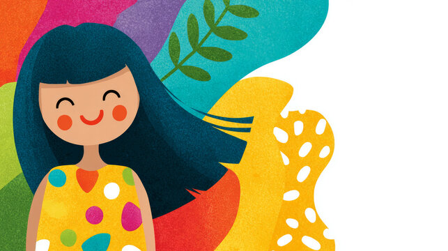 A colorful flat illustration of a smiling girl with dark hair against vibrant abstract shapes and leaves, featuring ample copy space for children's educational blogs, parenting websites