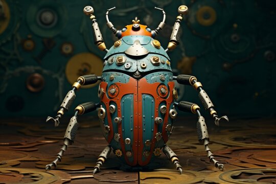 Mechanical beetle robot with intricate gears and metal details representing steampunk technology