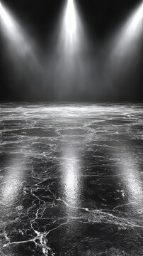 Bright spotlights illuminate a dark, textured marble floor in a dramatic black-and-white studio background.