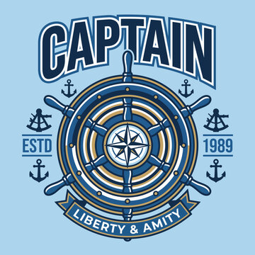 This logo exudes nautical charm with a ship's wheel and compass, representing Captain's dedication to liberty and amity since 1989, offering a sense of adventure on the sea.