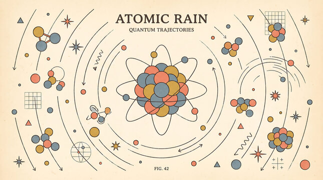 Atomic rain diagram featuring quantum trajectories and molecular structures for physics