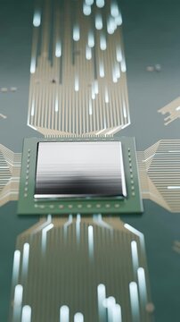 Computer microchip on a circuit board with glowing data pulses (vertical)