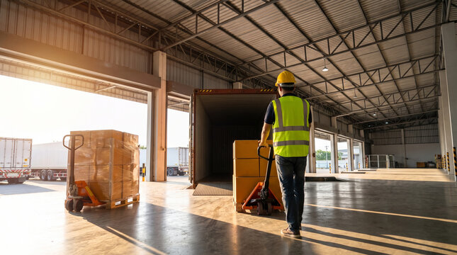 Warehouse Worker Loading Goods with Pallet Jack into Container Truck
