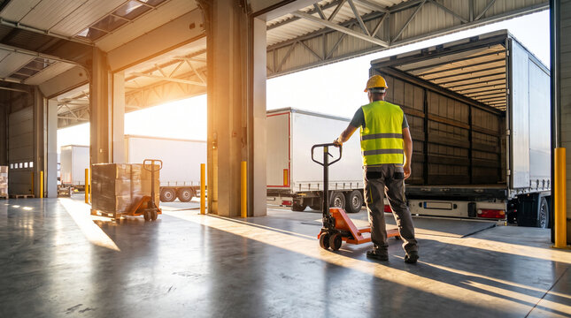 Worker in safety vest operating pallet jack on a sunlit warehouse dock, showcasing efficient supply chain logistics