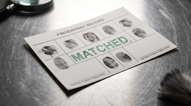 Forensic fingerprint record card with ink thumbprints and green matched verification stamp on investigator desk scene