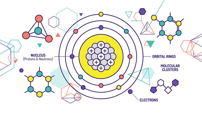 Educational atomic structure diagram with colored nucleus and orbital rings for science.