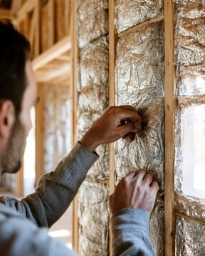 Closeup of hands fitting reflective insulation inside exposed wooden wall framing showcasing ecofriendly home improvement in a spacious daylightfilled construction site.