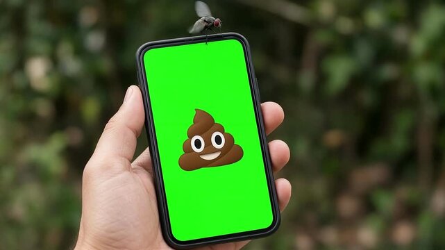 A hand holds a smartphone displaying a poop character on a green screen as a fly crawls around the phone edges.