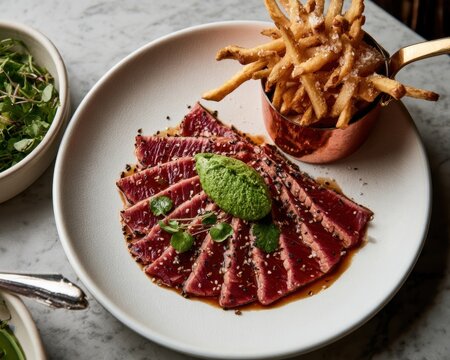 seared tuna tataki slices with sesame seeds green sauce, french fries served on white ceramic plate high angle gourmet seafood dish dining restaurant food photography culinary delicious presentation