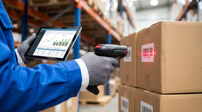 Warehouse Worker Scanning Barcode on Boxes Using Scanner and Tablet for Logistics Inventory Management