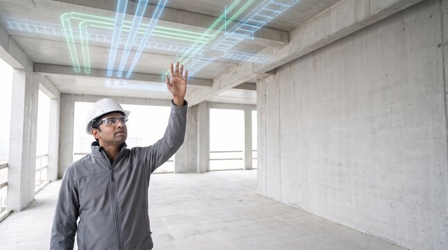 Site manager viewing planned pipes through augmented reality glasses