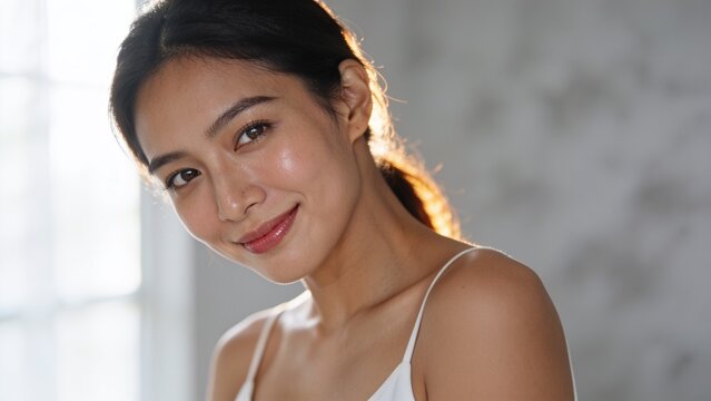 Smiling adult Asian woman posing in interior room near multi-pane window, wearing white camisole