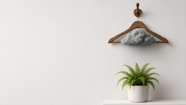 Wooden hanger holding rain cloud that waters potted fern