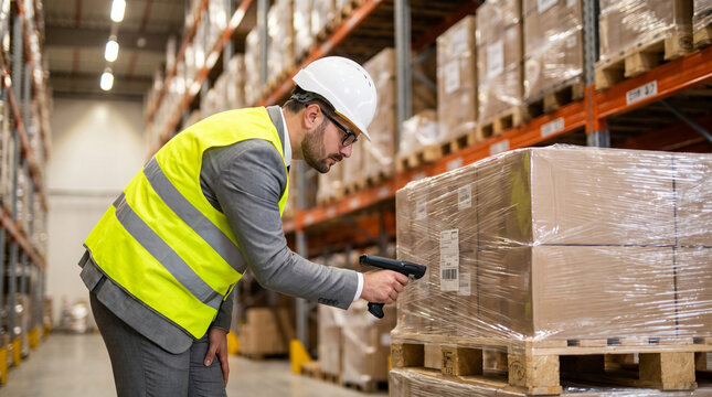 Warehouse Supervisor Using a Handheld Barcode Scanner to Check Inventory Parcels
