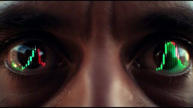 Close-up of a man's eyes reflecting trading charts, tense atmosphere, high contrast lighting, detailed facial features