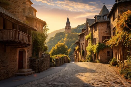 Cobblestone street winding through a charming medieval village in golden hour sunlight