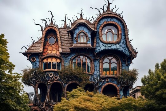 Whimsical fairy tale house featuring a unique, surreal architecture with curved windows and ornate details