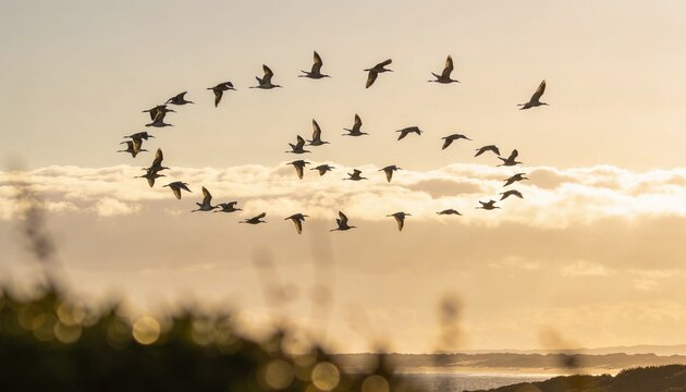 Soaring flock of silhouetted birds arcing across coastal sky, with sunlit shoreline below
