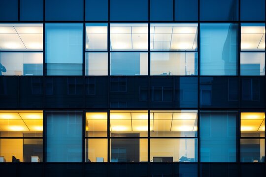 Glass facade of a corporate building at night with warm and cool lights in different offices