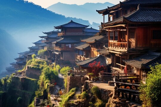 Wooden village homes blending into mountain landscape, showcasing ethnic miao architecture