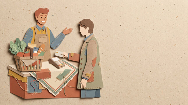 Paper cut collage illustration of a smiling cashier and a customer paying at a checkout payment terminal, torn paper and stitched fabric details, copy space. Retail payment concept.