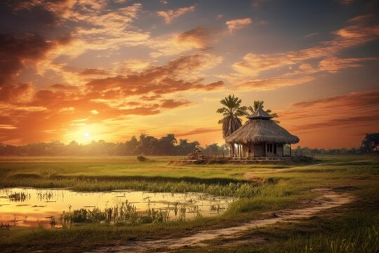 Thatched hut standing in a green field with a water pond reflecting the vibrant sunset sky