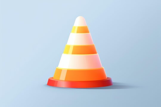 Traffic cone standing on a light blue background, showing warning and safety