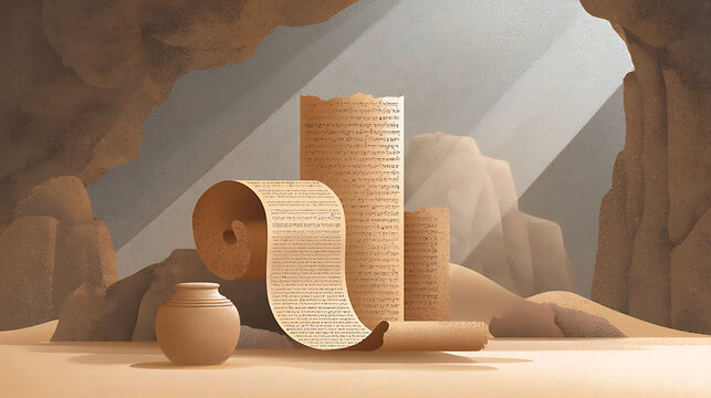 Ancient Dead Sea Scrolls in a desert cave with ceramic jar, symbolizing biblical history and archaeology