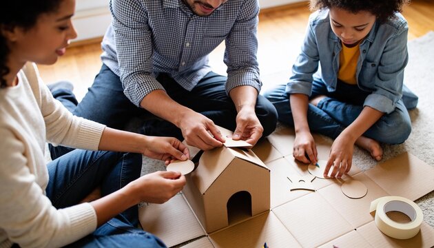Assembling parents, child wearing denim jacket placing pieces on cardboard house on living room rug