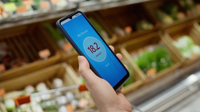 Unrecognizable person holding smartphone showing high blood sugar level in grocery store. Visual fits diabetes management, healthy diet, and mobile healthcare technology advertising
