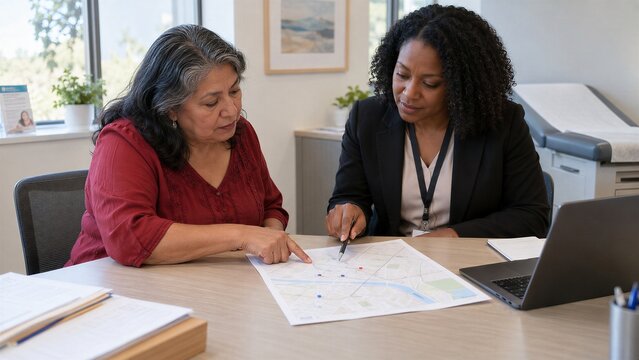 Older woman checks doctor access with a Medicare counselor and map