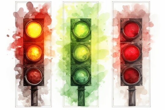 Stop, caution, and go traffic lights illustrated with colorful watercolor splashes