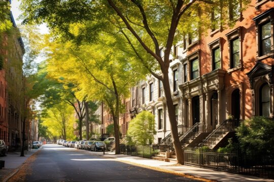 Charming brownstone buildings lining a tree lined street under golden autumn foliage