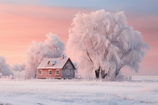 Pink sky illuminating a house and rime covered trees in a serene winter field