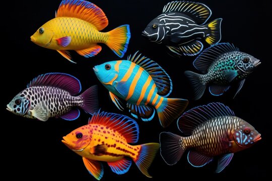 Colorful cichlid fish displaying diverse patterns and vibrant hues underwater